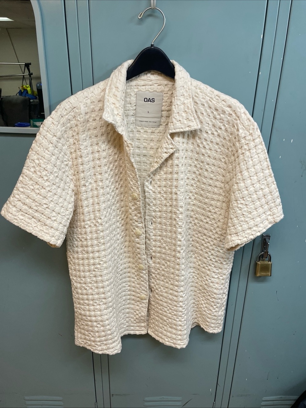 OAS Ivory Waffle-Textured Short Sleeve Button Shirt